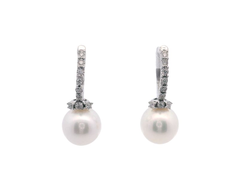 ARETES ORO  BLANCO  PERLA DIAMANTES  PAVET  14K D.09