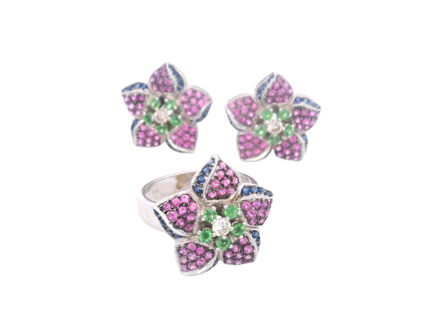 SET ORO BLANCO  FLOR ZAFIRO AZUL ROSA PERIDOT Y  DIAMANTES