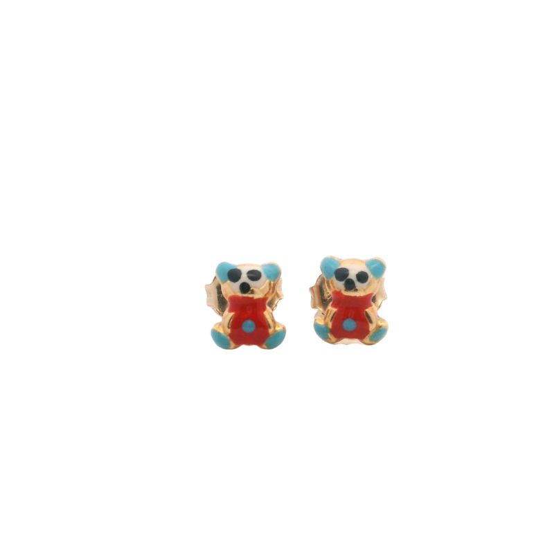 ARETES ORO  AMARILLO  DORMILONAS OSO ESMALTE ROJO 14K