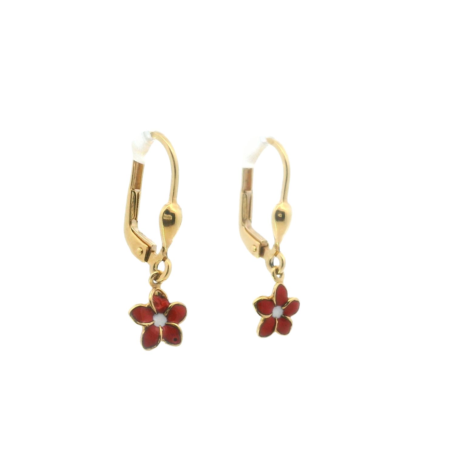 ARETES ORO AMARILLO  ARGOLLA CON FLOR COLOR ROJO  18K
