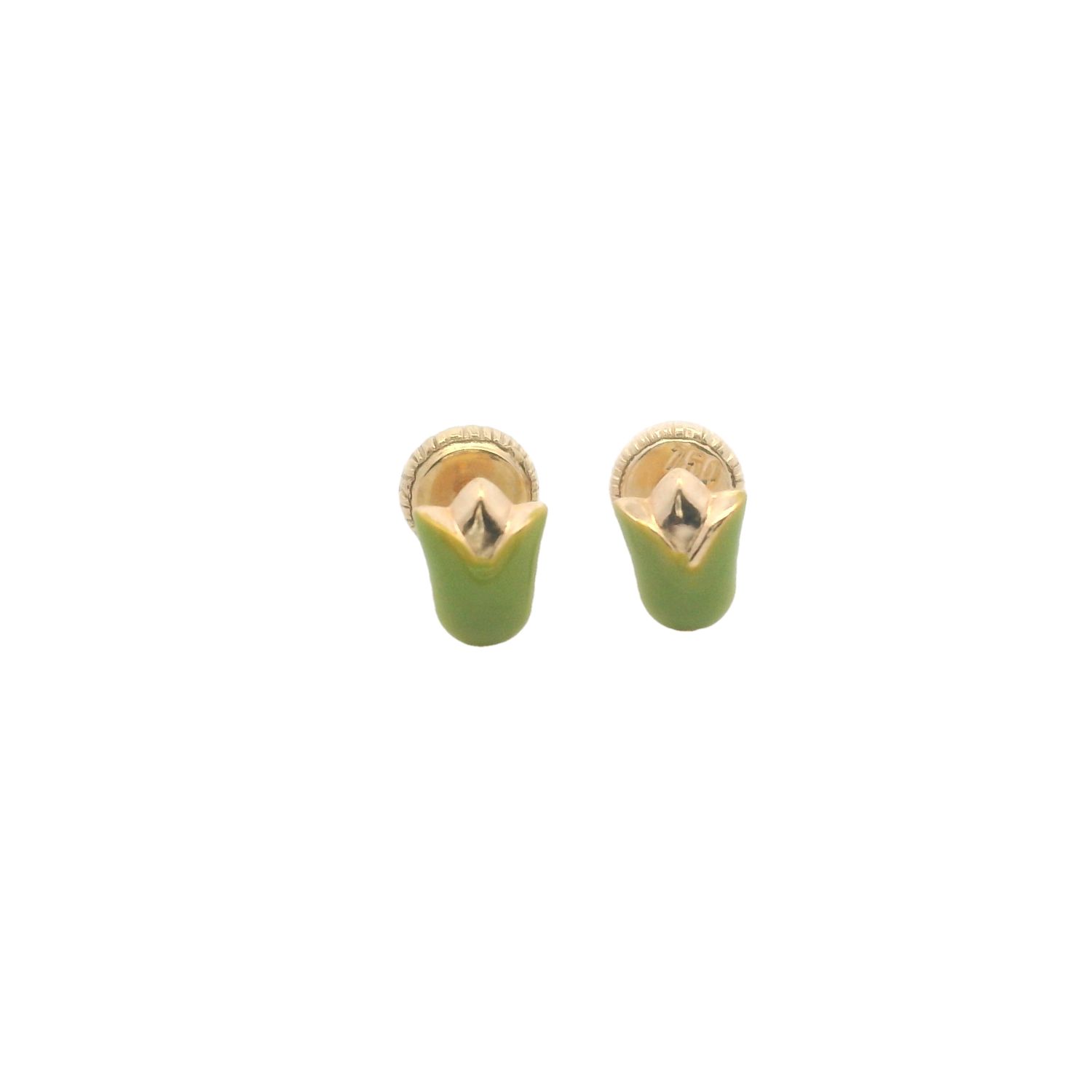 ARETES ORO AMARILLO DORMILONA TULIPANES ENAMEL VERDE 18K