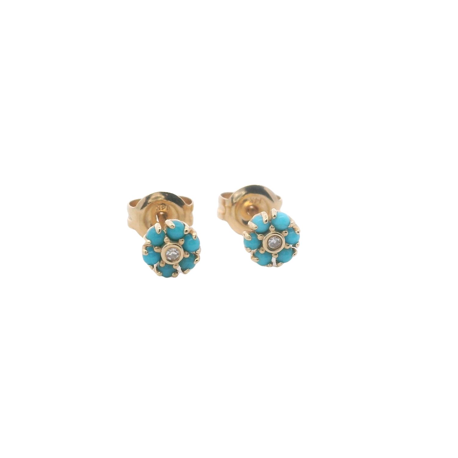 ARETES ORO AMARILLO  FLOR TURQUESA MINI Y UN DTE 14K
