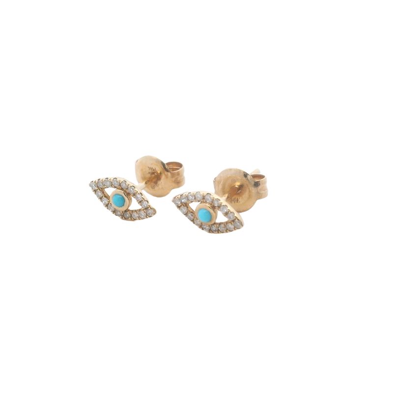 ARETES ORO AMARILLO OJITOS MINI TURQUESA Y DIAMANTES 14K