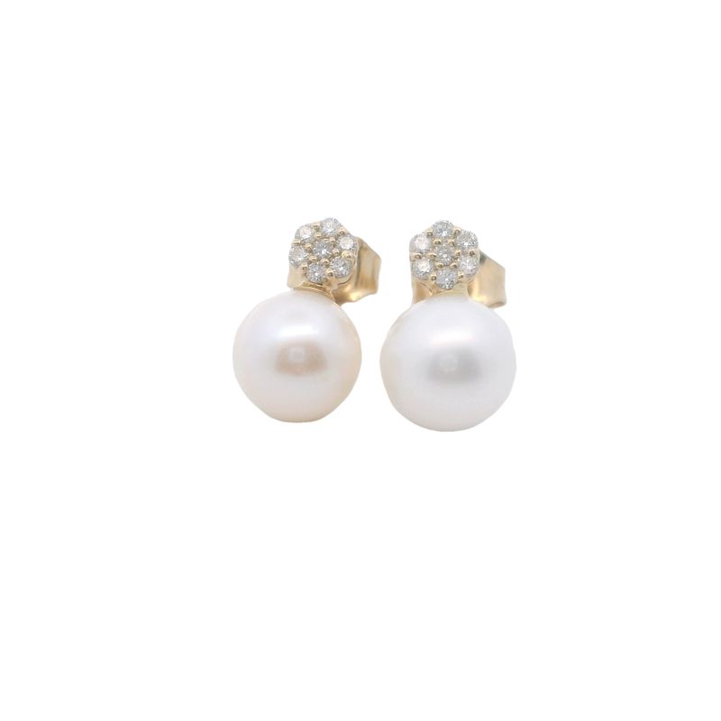 ARETES ORO AMARILLO PERLA DIAMANTES PEQUEÑO 14K D.011