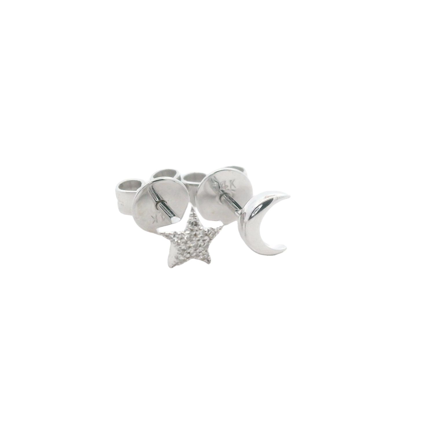 ARETES ORO  BLANCO  ESTRELLA DIAMANTES Y LUNA LISA 14K
