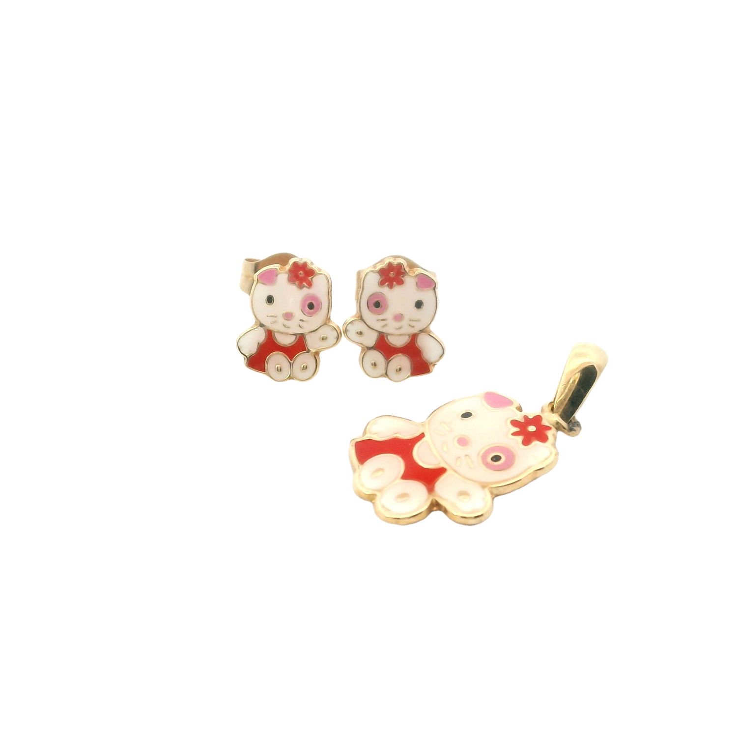 SET ARETE Y DIJE ORO AMARILLO  HELLO KITTY ROJA  14K