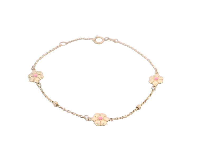 BRAZALETE ORO  AMARILLO FLORES ROSA NIÑA 14K