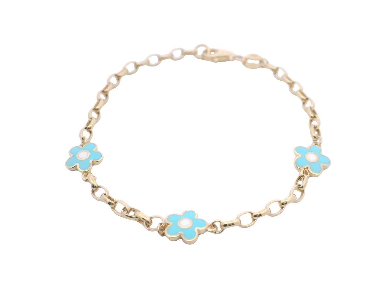 BRAZALETE ORO AMARILLO FLOR AZUL CON BLANCA 14K