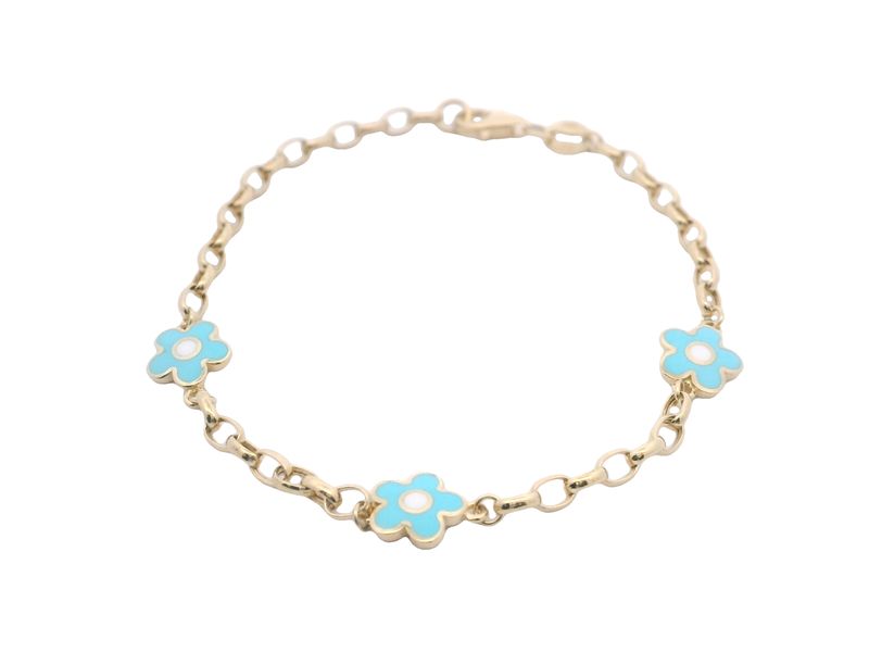 BRAZALETE ORO AMARILLO FLOR AZUL CON BLANCA 14K