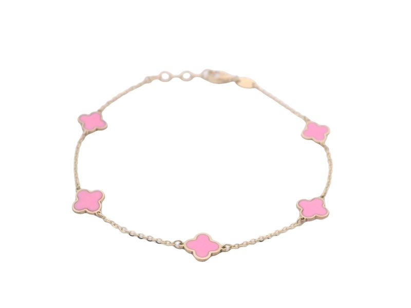 BRAZALETE  ORO AMARILLO  FLORES ROSADAS 14K