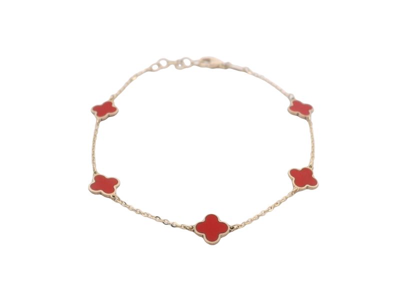 BRAZALETE  ORO AMARILLO FLORES ROJAS 14K