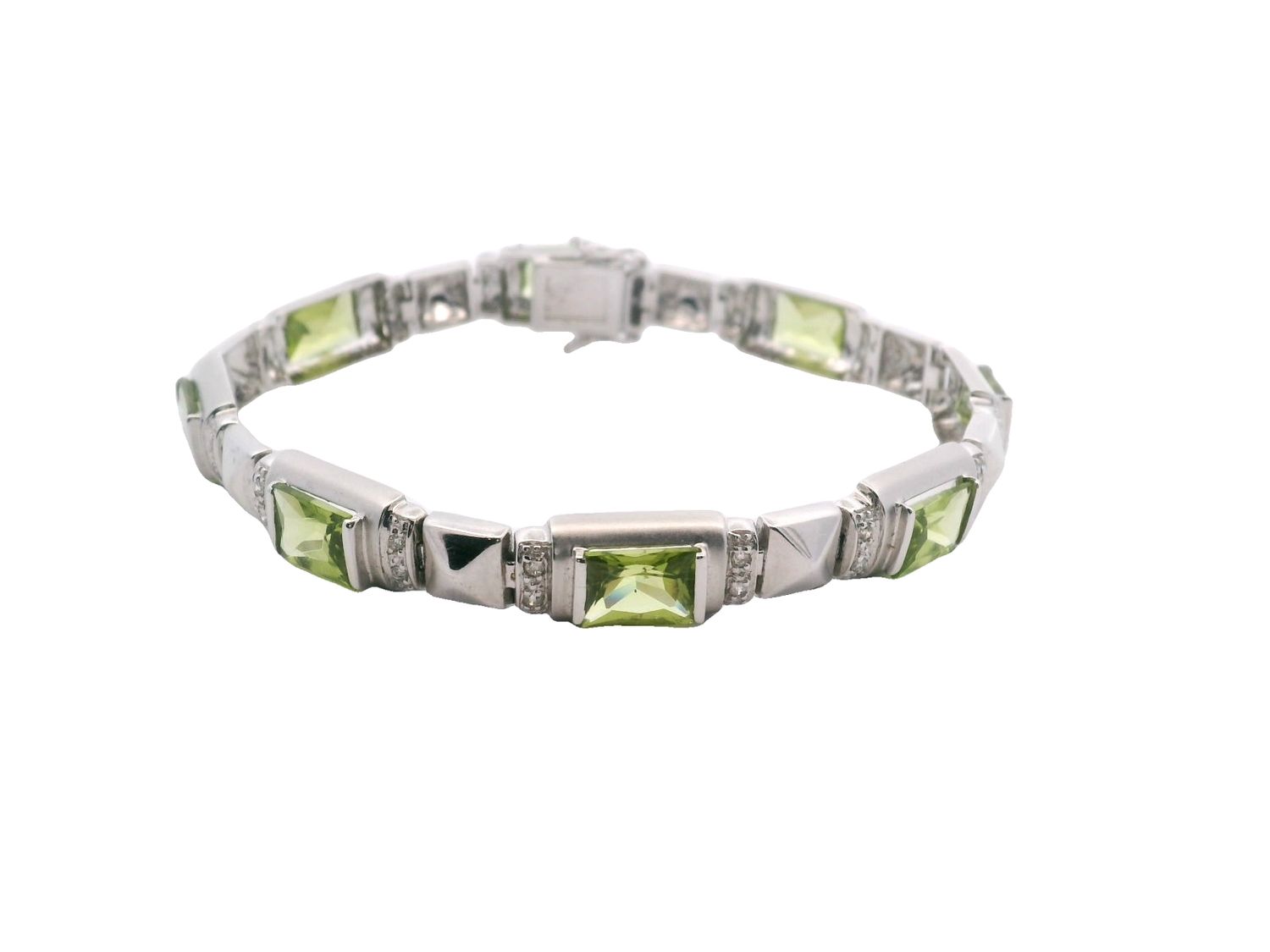 BRAZALETE ORO BLANCO  PERIDOT RECTNGULAR Y DIAMANTES 14K