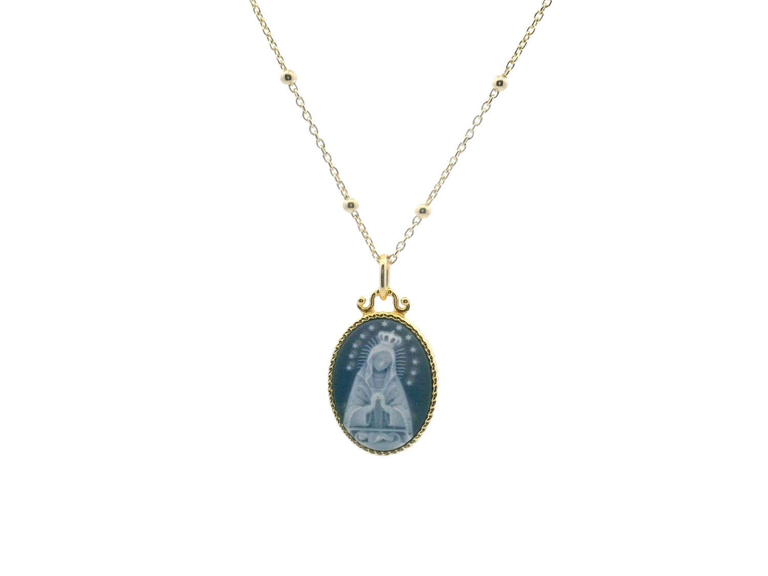 CADENA CON DIJE VIRGEN DE LA ALTAGRACIA AZUL MEDIANA PLATA CON BAÑO DE ORO