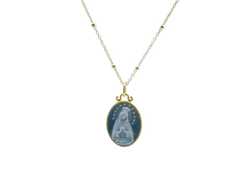 CADENA CON DIJE VIRGEN DE LA ALTAGRACIA AZUL MEDIANA PLATA CON BAÑO DE ORO
