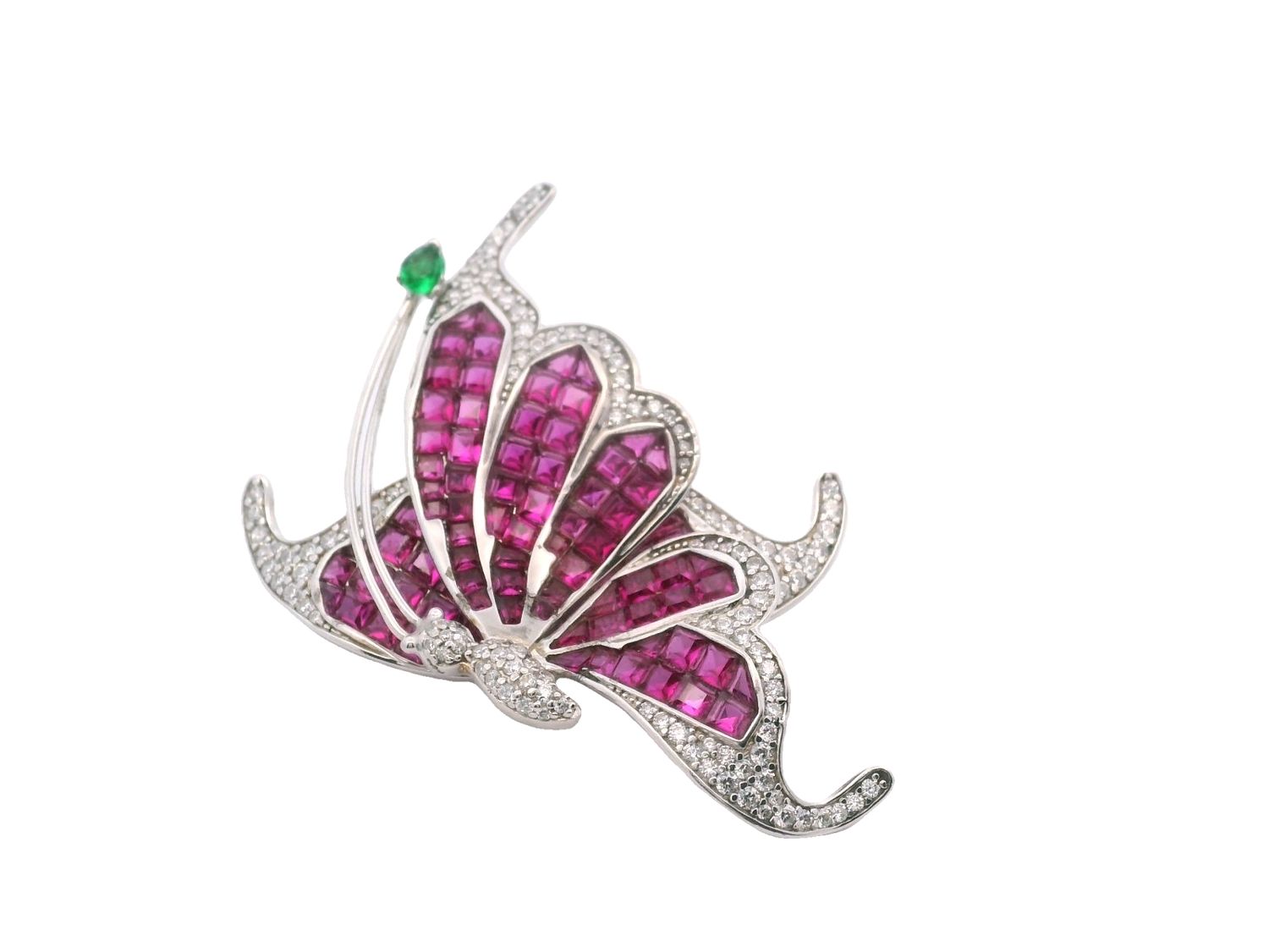 BROCHE PLATA BLANCA  MARIPOSA CIRCONIAS ROJAS