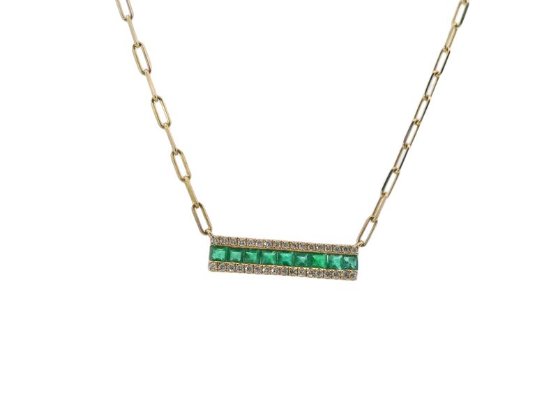 CADENA  ORO AMARILLO  ESMERALDA Y  DIAMANTES BARRA PAPERCLIP 14K  D.16 E0.56