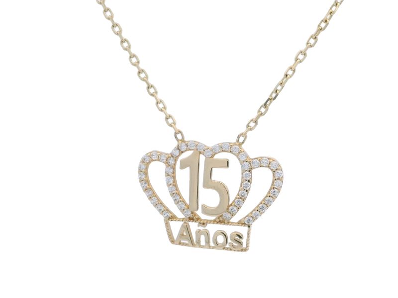 CADENA,DIJE ORO AMARILLO CORONA CON 15 AÑOS CIRCONIAS 14K