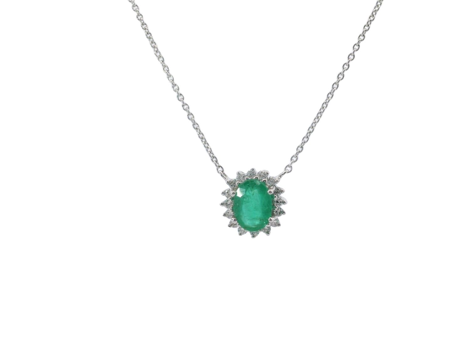CADENA CON DIJE ORO BLANCO ESMERALDA Y DIAMANTES 14K    0.14CT  0.65EM