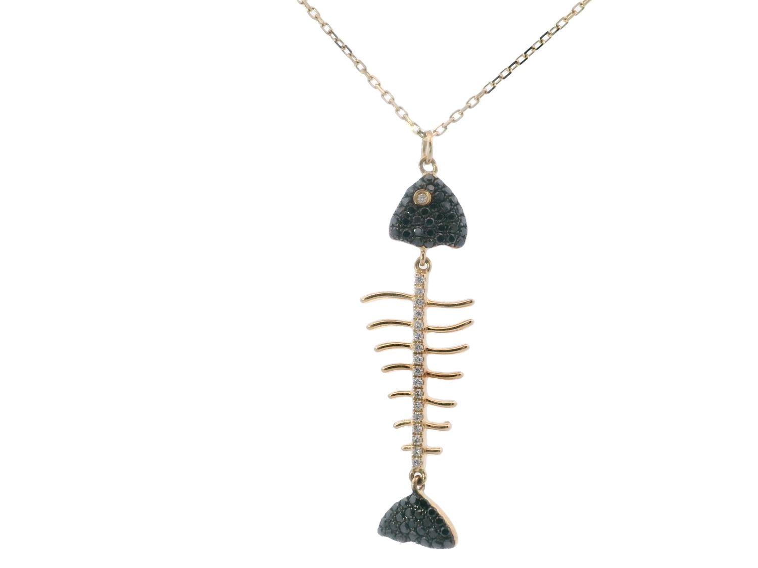 CADENA CON DIJE ORO AMARILLO  PESCADO DIAMANTES NEGRO Y BLANCO 14K   0.49CT