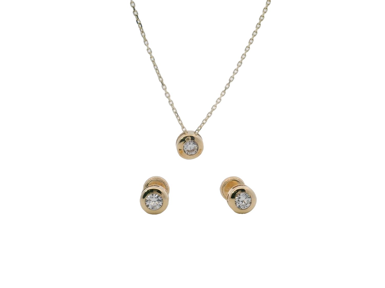 SET CADENA Y ARETES  ORO AMARILLO  PUNTO DE LUZ ZIRCONIA 14K