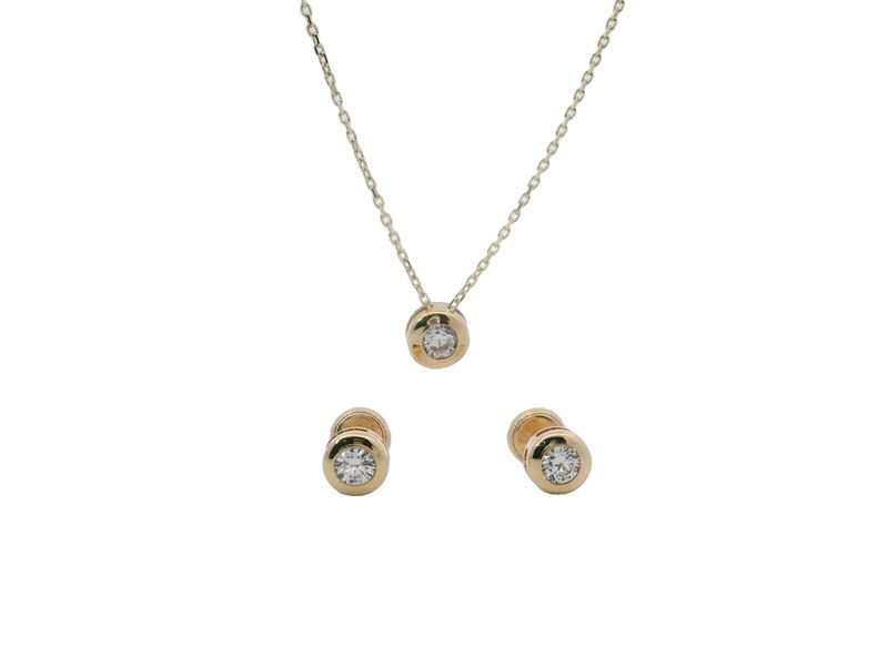 SET CADENA Y ARETES  ORO AMARILLO  PUNTO DE LUZ ZIRCONIA 14K