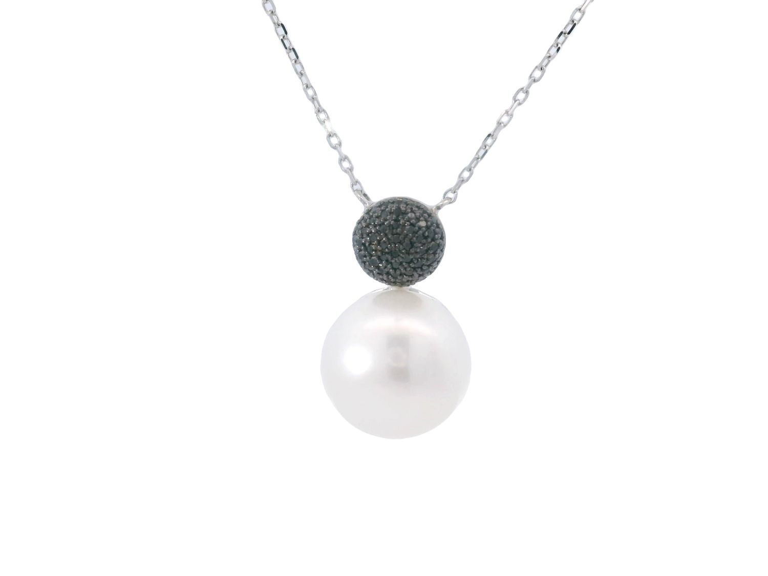 CADENA DIJE ORO BLANCO PERLA DIAMANTES NEGRO 14K D.17