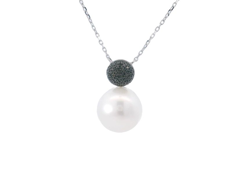 CADENA DIJE ORO BLANCO PERLA DIAMANTES NEGRO 14K D.17