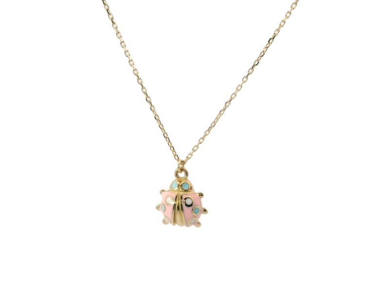 CADENA CON DIJE ORO  AMARILLO  MALAQUITA ROSADA COLORES 14K