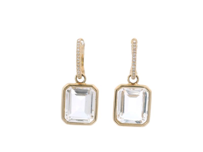 ARETES  ORO AMARILLO CUARZO CLEAR DIAMANTES LARGO RECTANGULAR 14K CR 10.50  D.08
