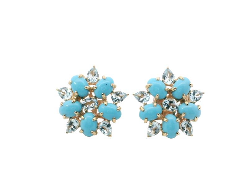 ARETES  ORO AMARILLO TURQUESA TOPACIO AZUL FLOR MEDIANO 14K  TOP 2.17 TQ 4.17