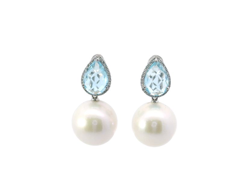 ARETES ORO BLANCO TOPACIO AZUL PERLA DIAMANTES LARGUITO 14K BT 4.20
