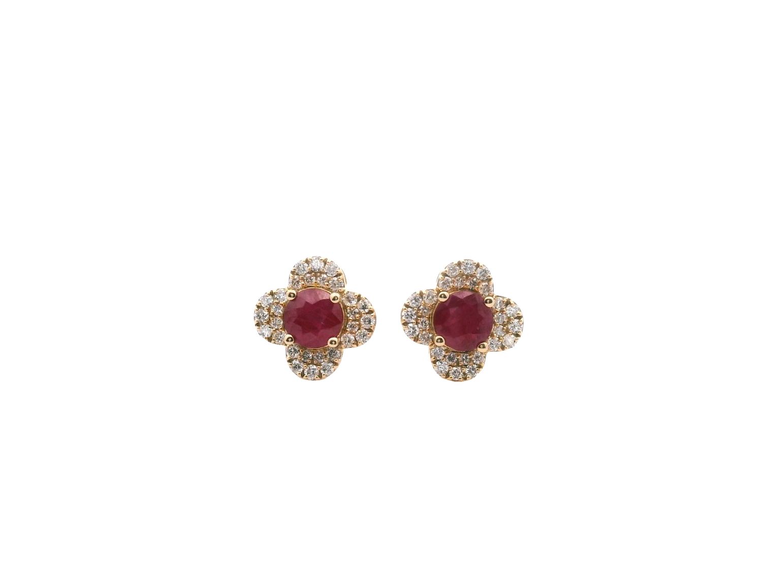 ARETES  ORO AMARILLO DORMILONA RUBI Y  DIAMANTES FLOR PEQUEÑA 14K D.38 R1.1