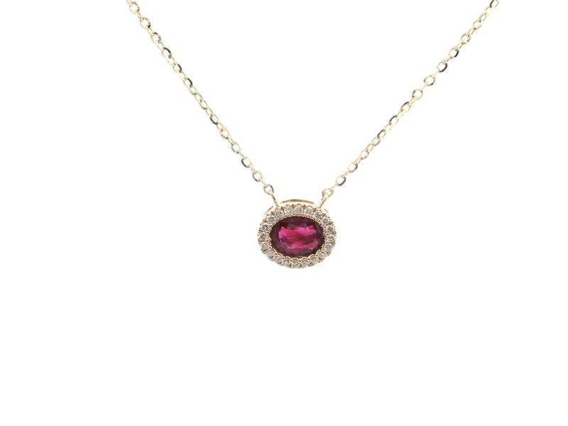 CADENA DIJE ORO AMARILLO  RUBI DIAMANTES OVALADO 14K R.40 D.06