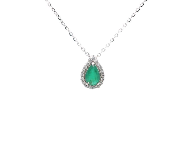 CADENA DIJE ORO BLANCO  ESMERALDA Y  DIAMANTES GOTA D.10 E.40 14K