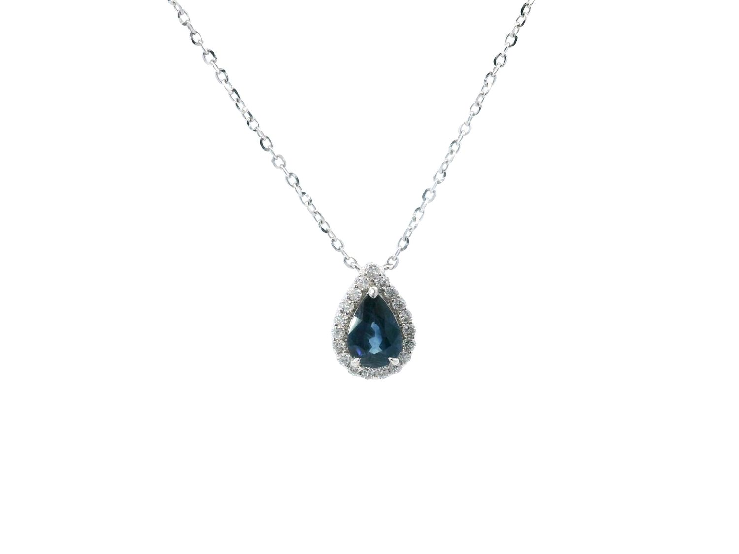 CADENA DIJE BLANCO  ZAFIRO Y  DIAMANTES GOTA 14K D.10 D.50