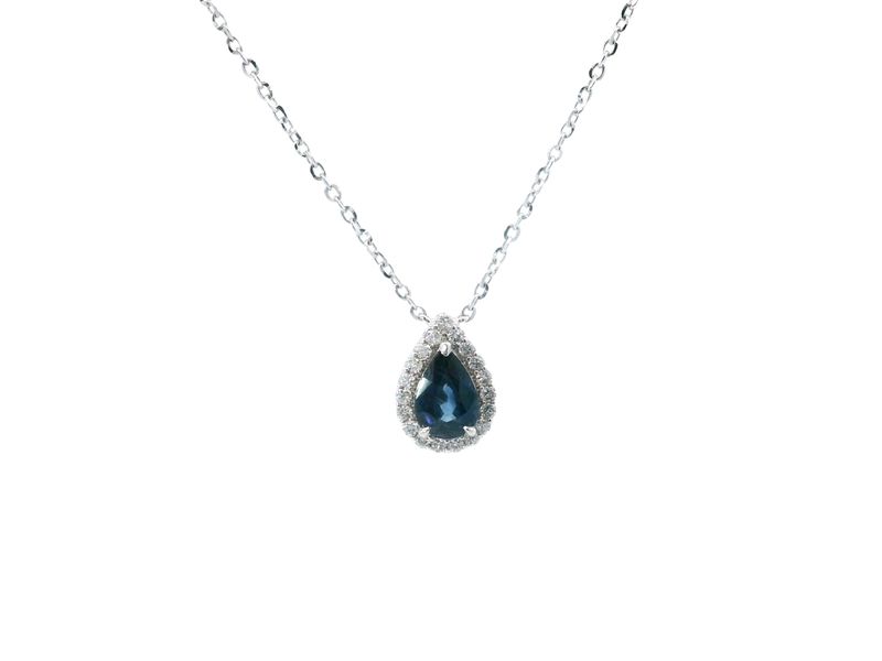 CADENA DIJE BLANCO  ZAFIRO Y  DIAMANTES GOTA 14K D.10 D.50