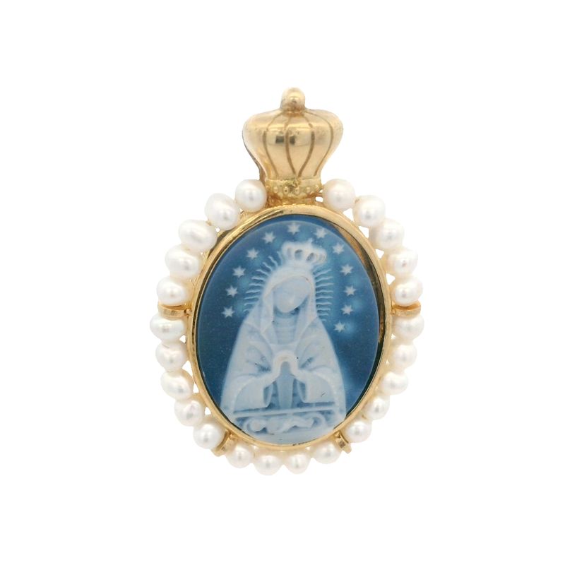 DIJE ORO AMARILLO VIRGEN DE LA  ALTAGRACIA AGATHA AZUL PERLA 18K