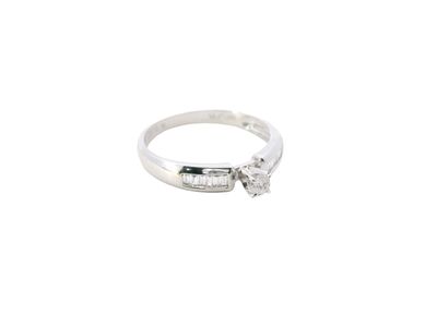 ANILLO ORO BLANCO DIAMANTES COMPROMISO BAGUET 14K D.10 D.13