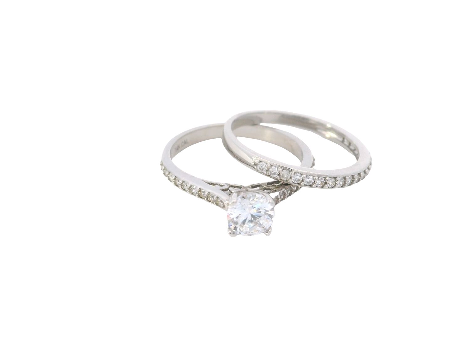 ANILLO ORO BLANCO SET ARO DE MATRIMONIO Y  COMPROMISO CIRCONIA 14K