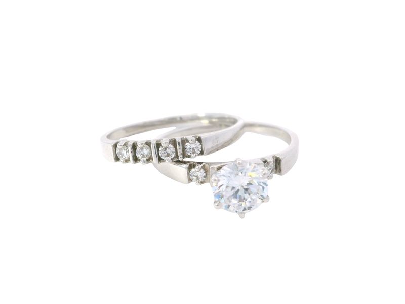 ANILLO ORO BLANCO  SET ARO MATRIMONIO Y  COMPROMISO CIRCONIA PAVET 14K