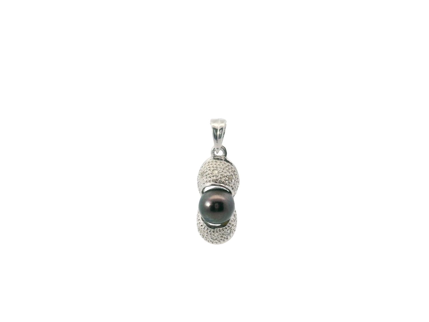 DIJE ORO BLANCO  PEQUEÑO PERLA GRIS DIAMANTES PAVET 14K