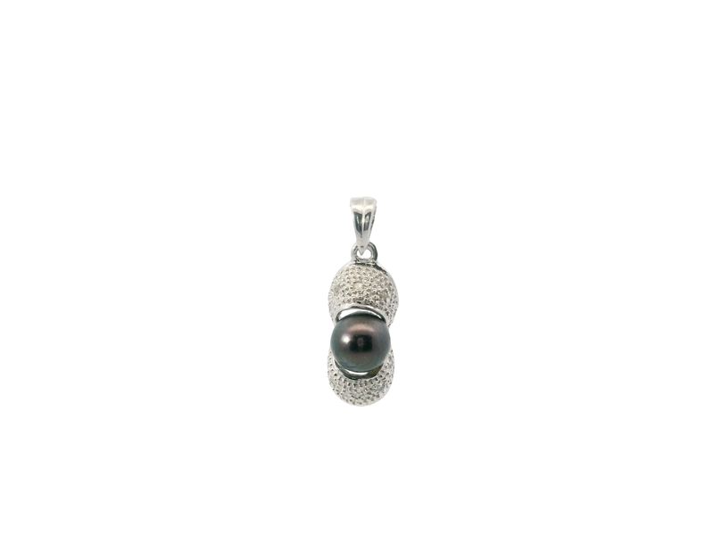 DIJE ORO BLANCO  PEQUEÑO PERLA GRIS DIAMANTES PAVET 14K