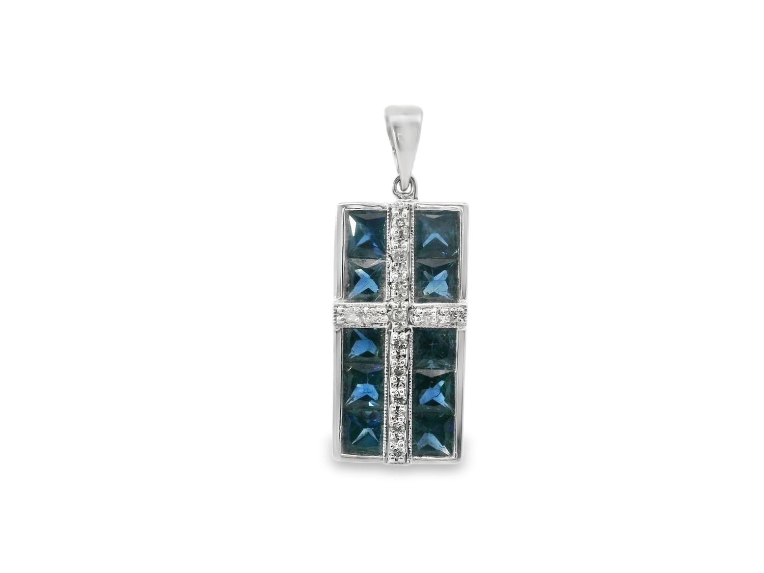 DIJE ORO BLANCO  RECTANGULAR ZAFIRO DIAMANTES PAVET 14K