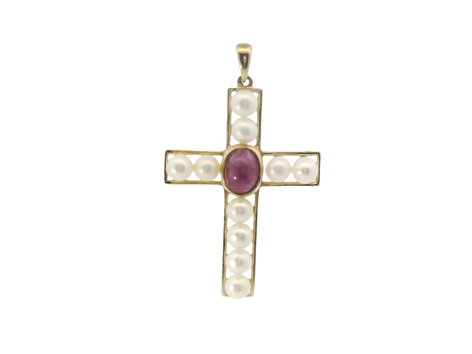 DIJE ORO AMARILLO CRUCIFIJO PERLAS Y RUBI CABUCHON   14K