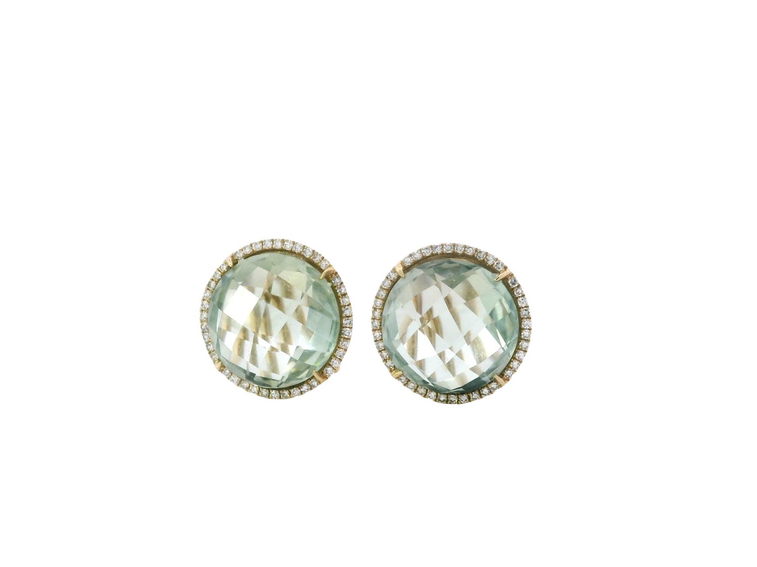 ARETES  ORO AMARILLO AMATISTA VERDE DIAMANTES REDONDO 14K