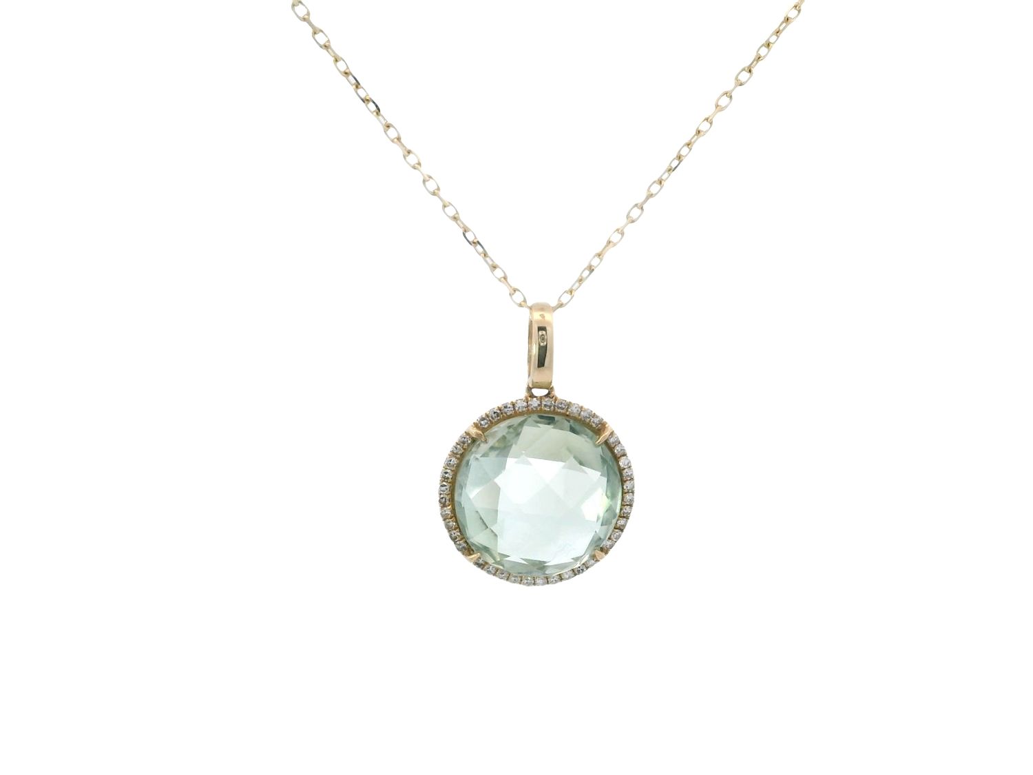 CADENA DIJE ORO AMARILLO AMATISTA VERDE DIAMANTES REDONDO 14K