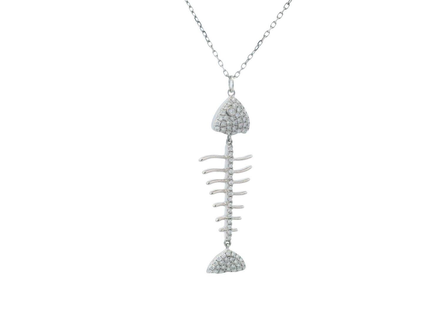 CADENA DIJE ORO BLANCO  DIAMANTES PAVET ESQUELETO PEZ 14K D.35