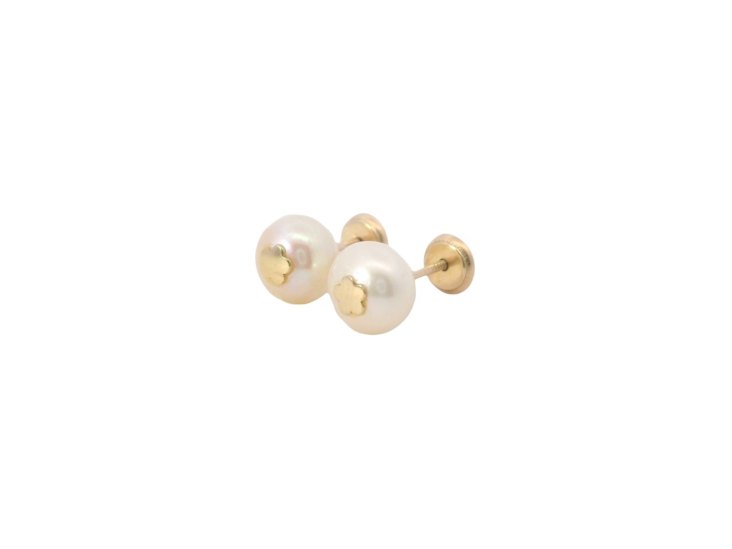 ARETES ORO AMARILLO PERLA CORAL FLOR, MARIPOSA NINA 14K