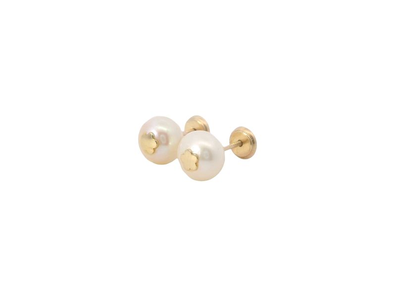 ARETES ORO AMARILLO PERLA CORAL FLOR, MARIPOSA NINA 14K