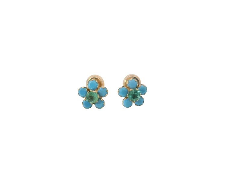 ARETES ORO AMARILLO DORMILONA CIRC VERDE TURQUESA 14K
